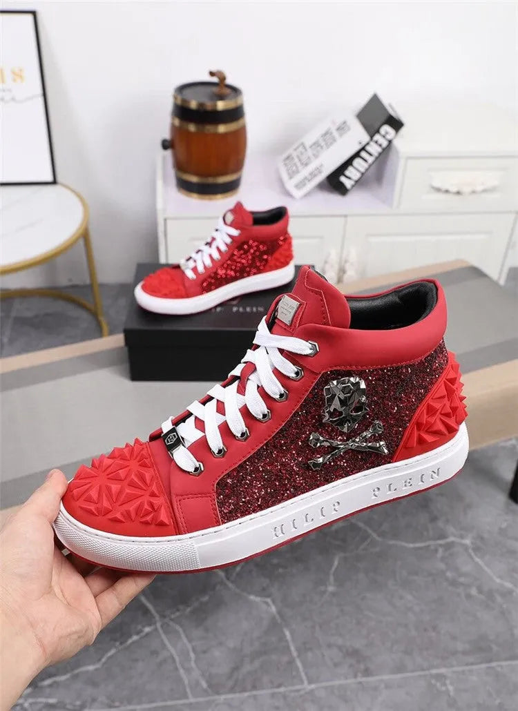 Men's black genuine leather high-top skeleton shoes with lace-up closure and rubber sole