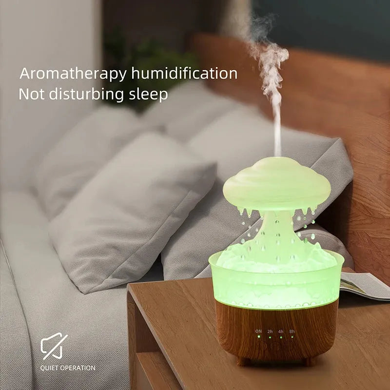 Rain cloud shaped humidifier with wood grain finish emitting mist and glowing with 7-color LED light