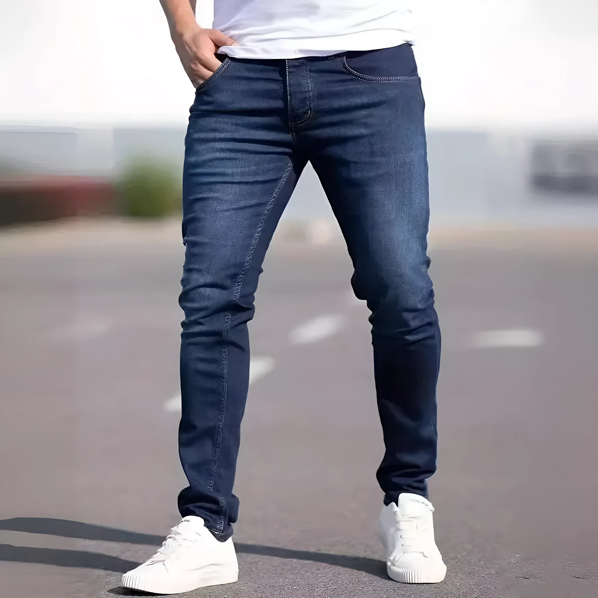 Men's dark blue slim fit cotton jeans with skinny leg opening and mid waist