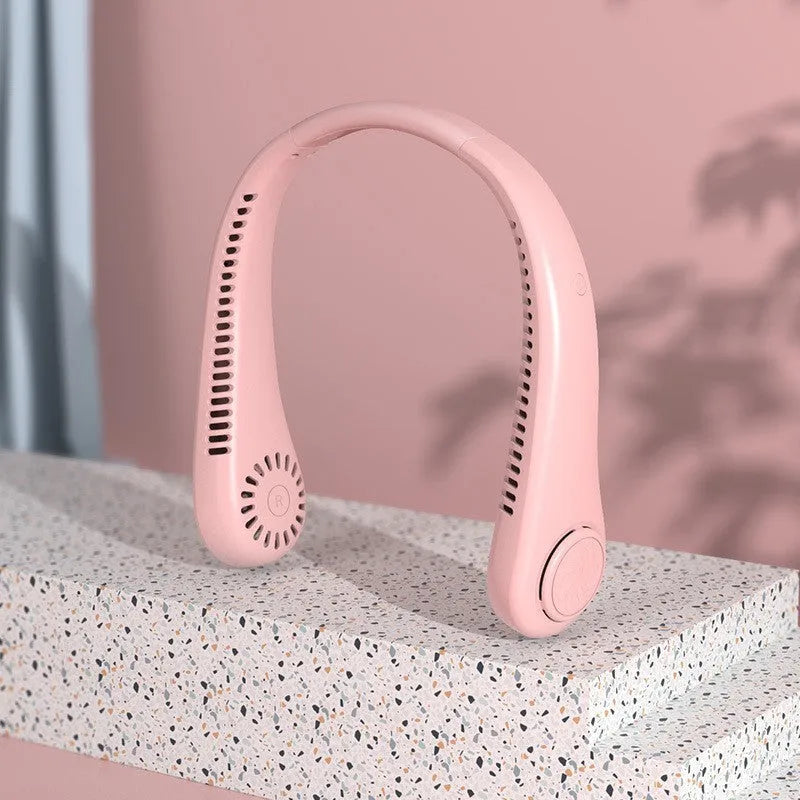 Blue USB rechargeable bladeless neck fan showing ergonomic neckband and streamlined air outlet