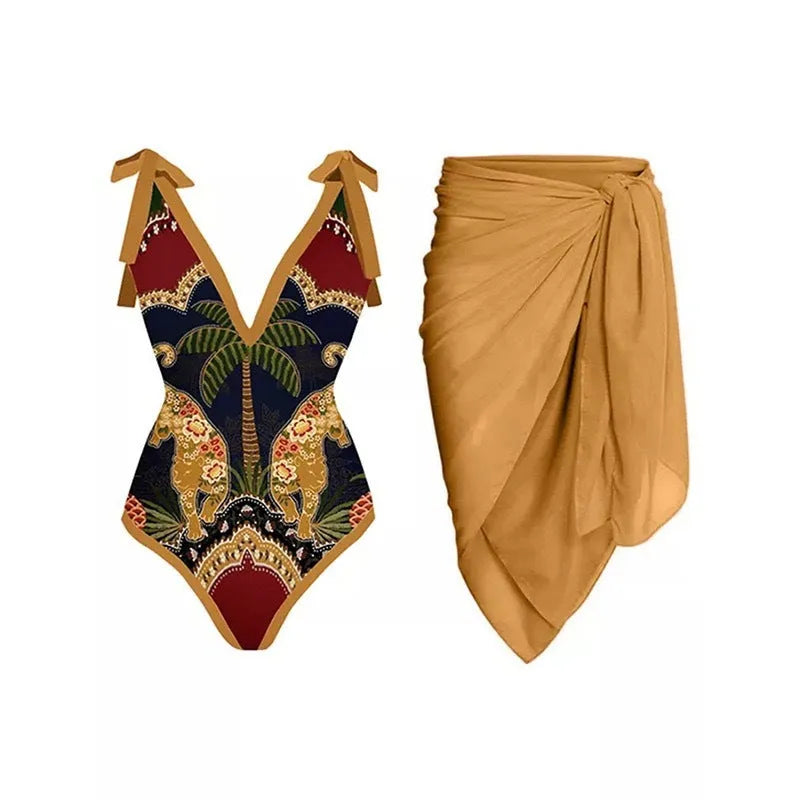 Women's solid colour one-piece swimsuit with spaghetti straps and a matching removable skirt.