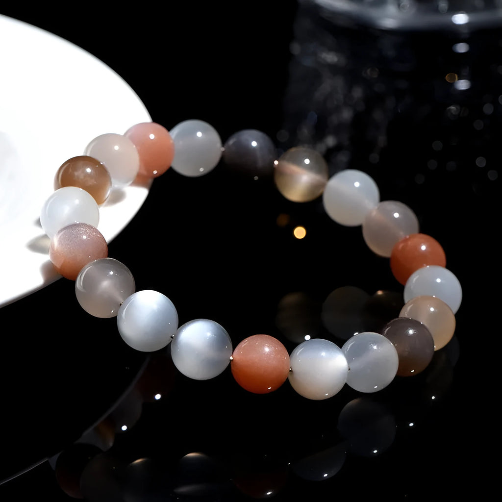 Natural moonstone bracelet with colourful moon light appearance showing 8mm beads in single circle formation