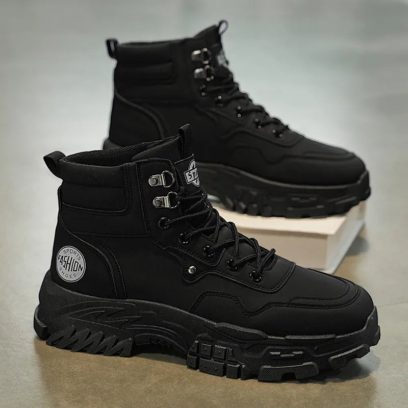 Men's black and yellow mid-calf Martin boots with a stout heel on a white background.