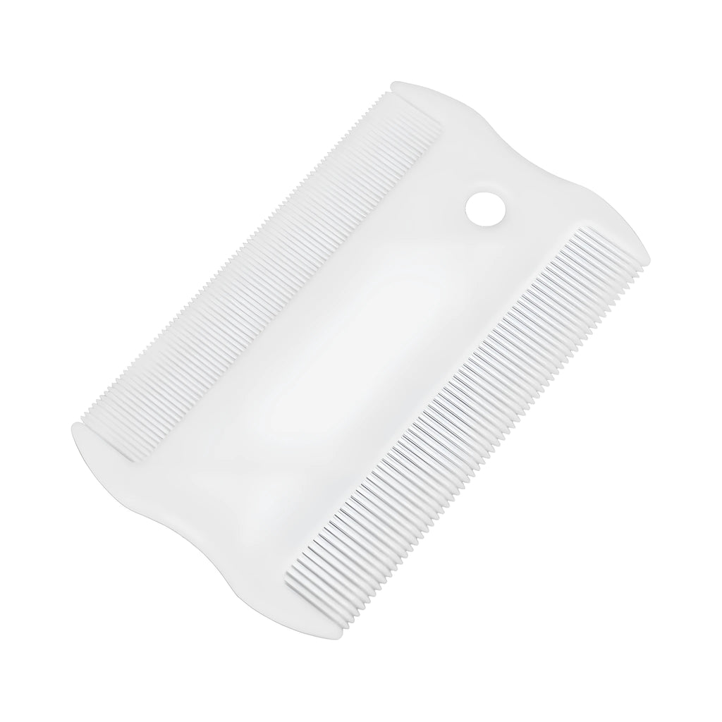 Double-sided plastic flea comb for pets showing dense teeth and compact size
