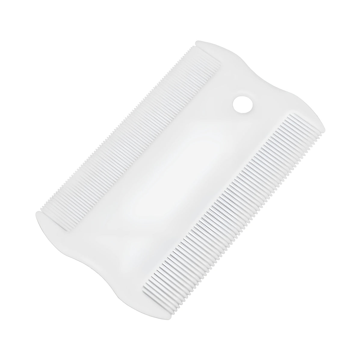 Double-sided plastic flea comb for pets showing dense teeth and compact size