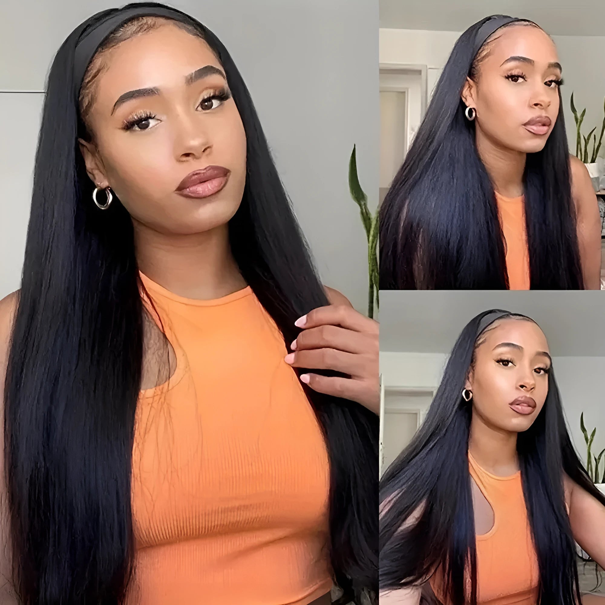 Headband wig with long straight synthetic hair in black colour