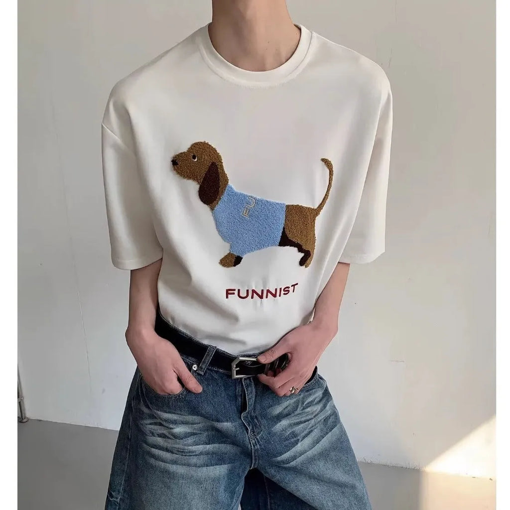 Men's grey cotton T-shirt with embroidered sausage dog design on front, short sleeves and round neck