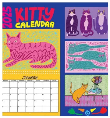 Cat-themed wall calendar with monthly date grid on paper for 2024 or 2025 planning