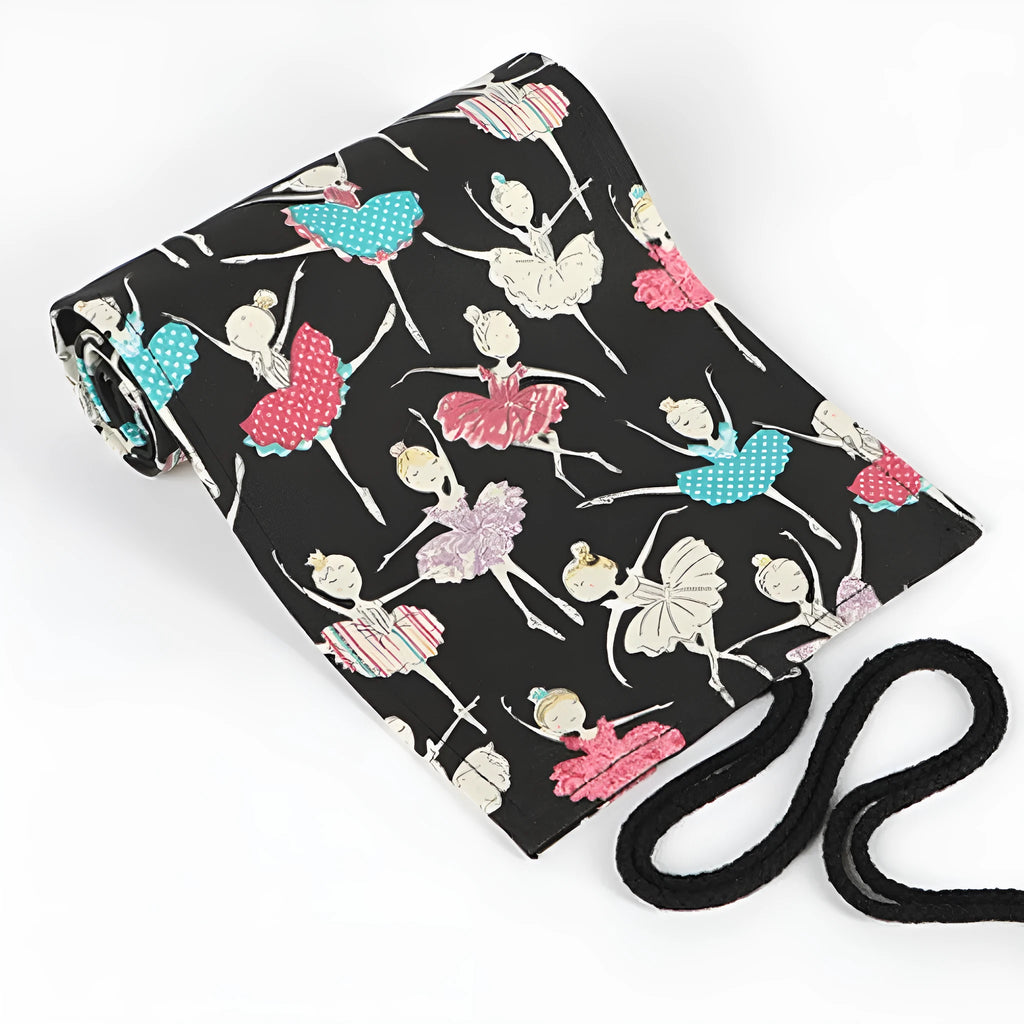 Square canvas rolling pencil case with ballet girl print design showing multiple pencil capacity options