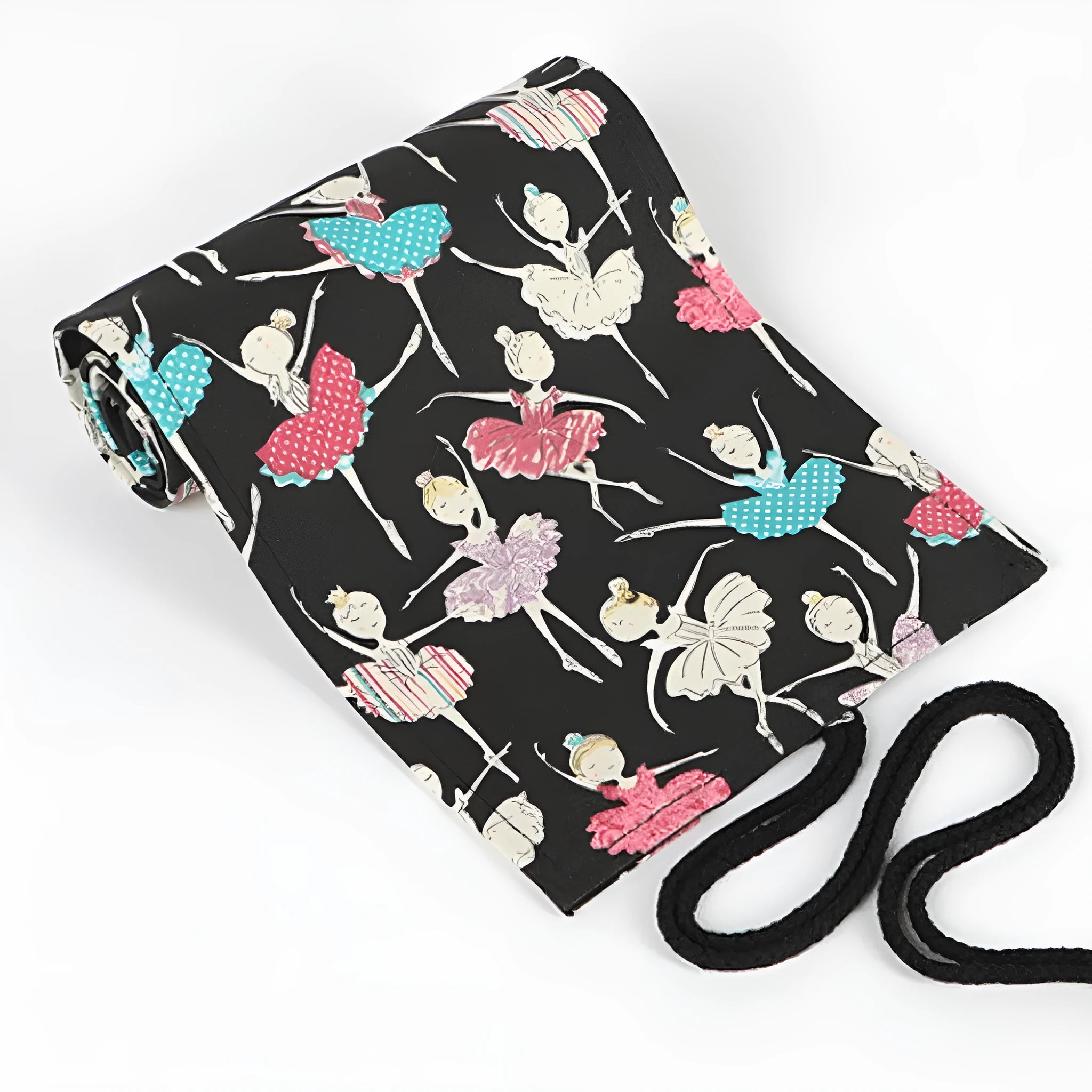 Square canvas rolling pencil case with ballet girl print design showing multiple pencil capacity options