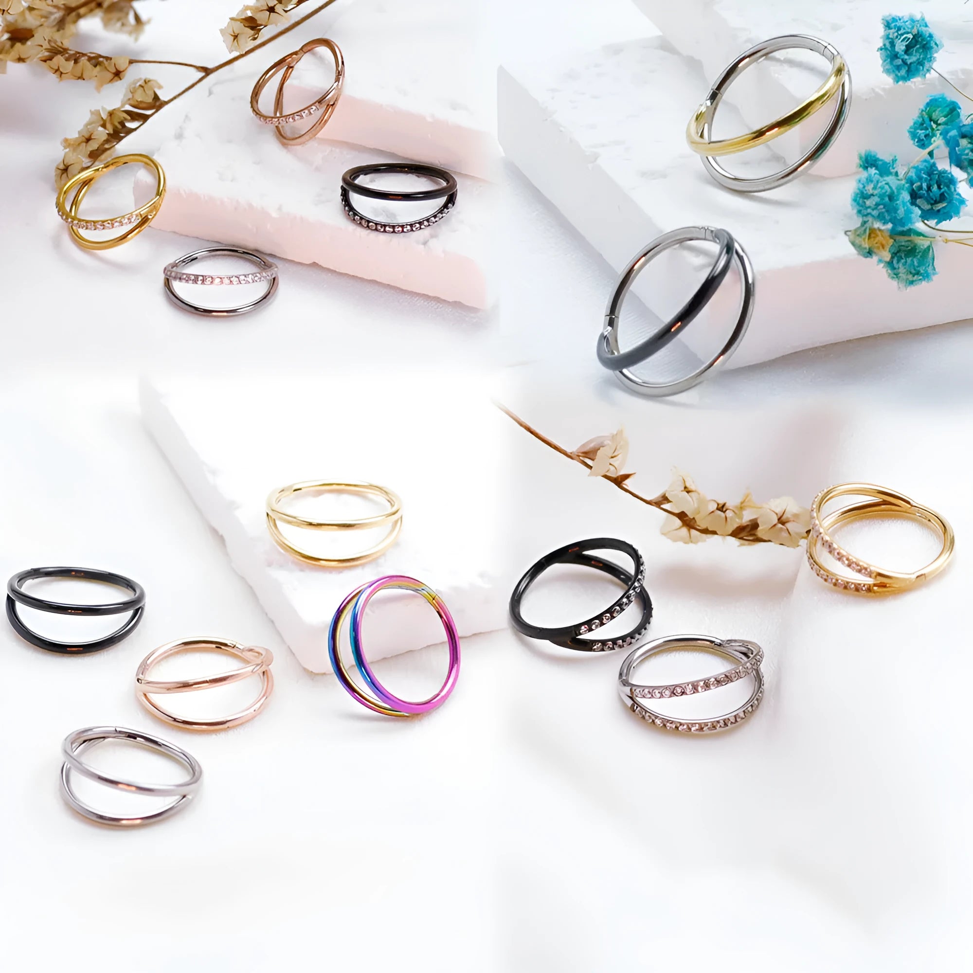 Titanium alloy nose ring stud shown in silver, gold, black and rose gold finishes with and without diamonds.