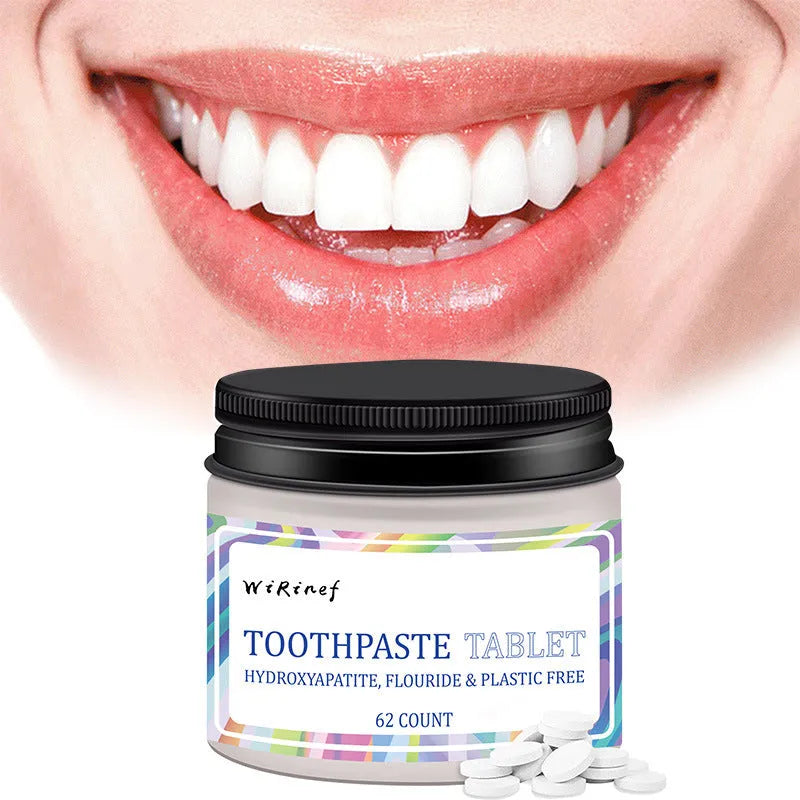 Pack of 62 white solid toothpaste tablets with mint flavour for portable chewing oral care
