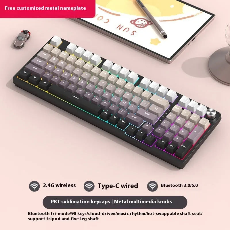 98-key wireless Bluetooth mechanical keyboard kit with metal control knob and multiple colour options
