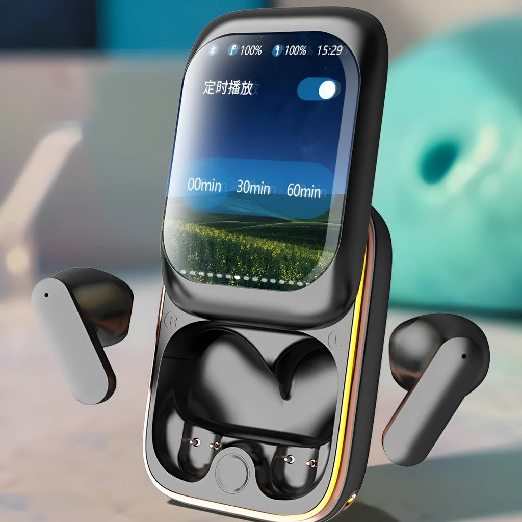 Touch high-definition large screen Bluetooth earphones in black with sliding touch control and 10m range.