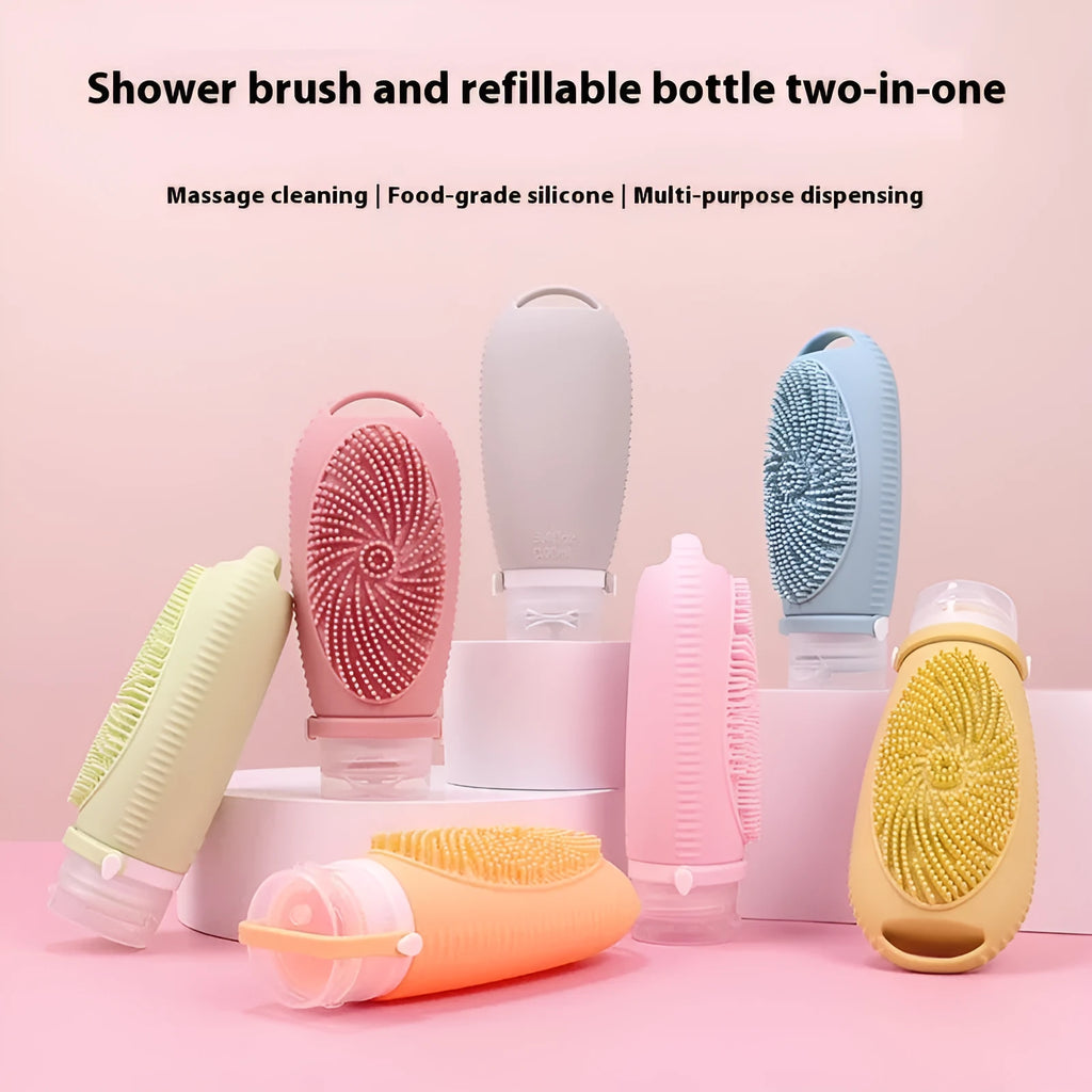 Silicone bath brush storage bottle in various colours on a bathroom shelf