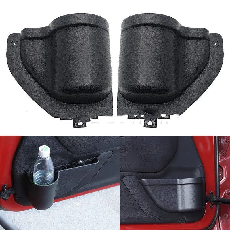 Black ABS door storage organiser for Jeep Wrangler JK and JL models mounted on vehicle interior door panel.
