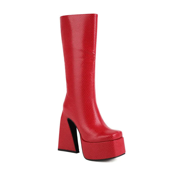 Women's high boots in artificial PU leather available in black, red, blue, or white colours