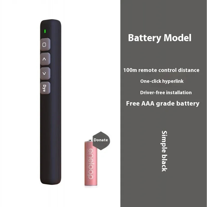 A whiteboard remote control pen with a universal USB receiver, shown in black, white, and pink colour options.