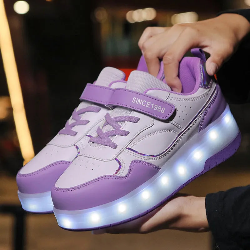 Child wearing charging flash rollerskates with illuminated LED wheels, showing pink and black colour options.