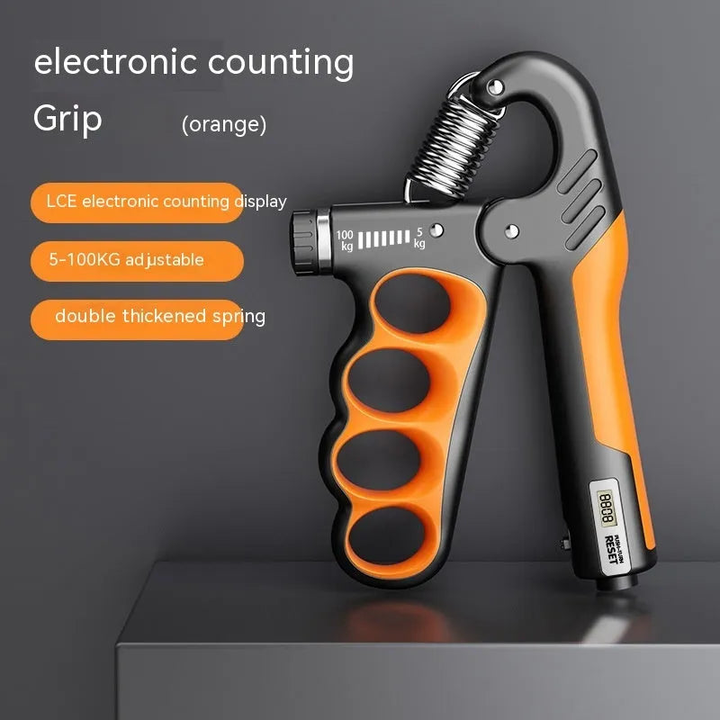 Adjustable electronic spring hand grip with digital counter display in orange colour