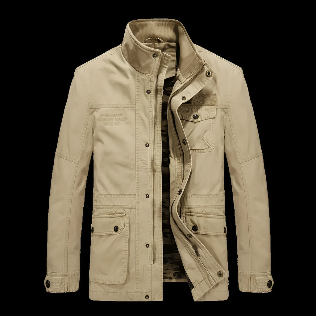 Men's mid-length loose cotton washed jacket in khaki with long sleeves and top stitching pockets