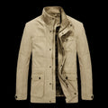 Men's mid-length loose cotton washed jacket in khaki with long sleeves and top stitching pockets