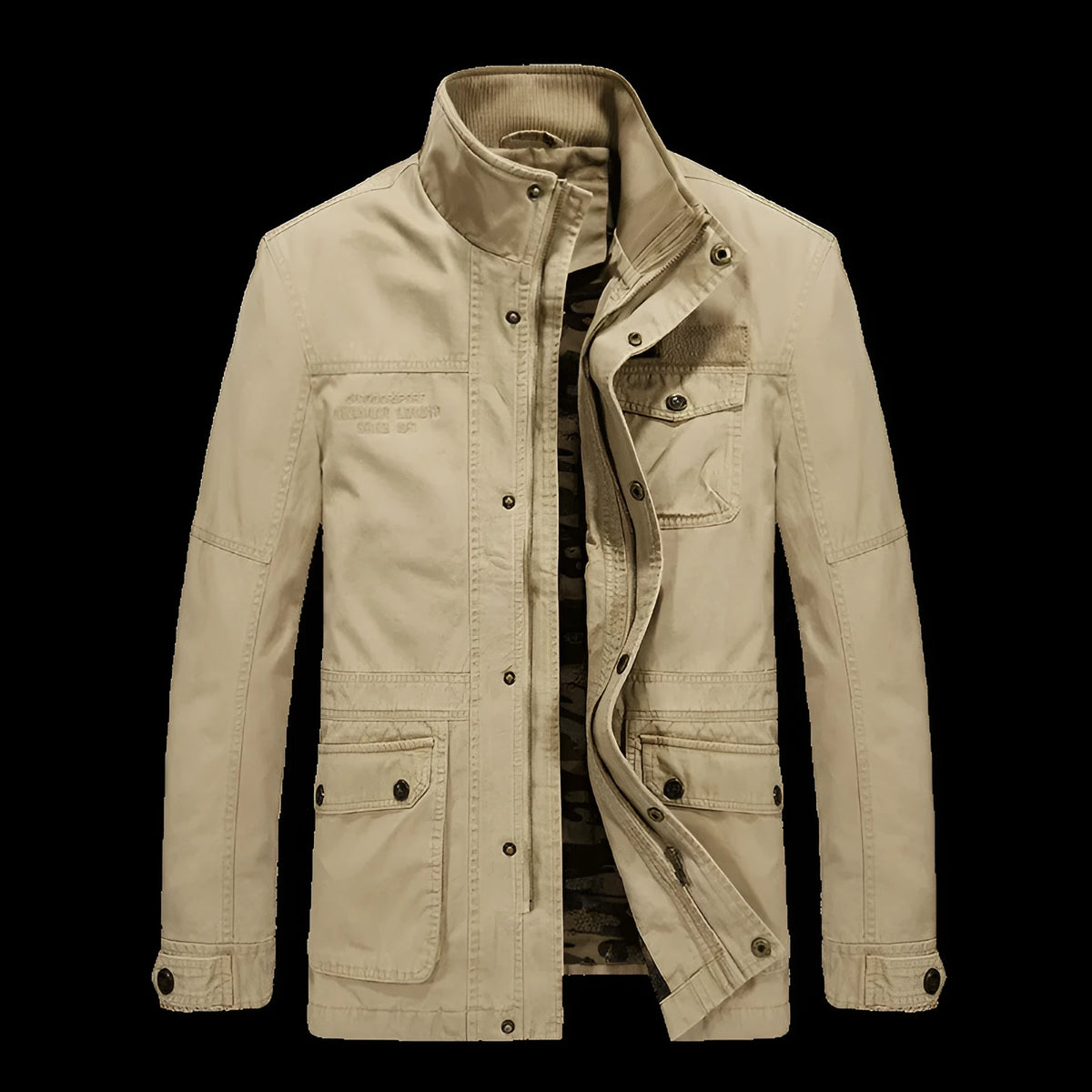 Men's mid-length loose cotton washed jacket in khaki with long sleeves and top stitching pockets