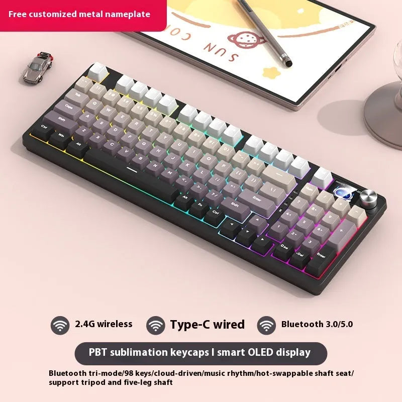 98-key wireless Bluetooth mechanical keyboard kit with metal control knob and multiple colour options