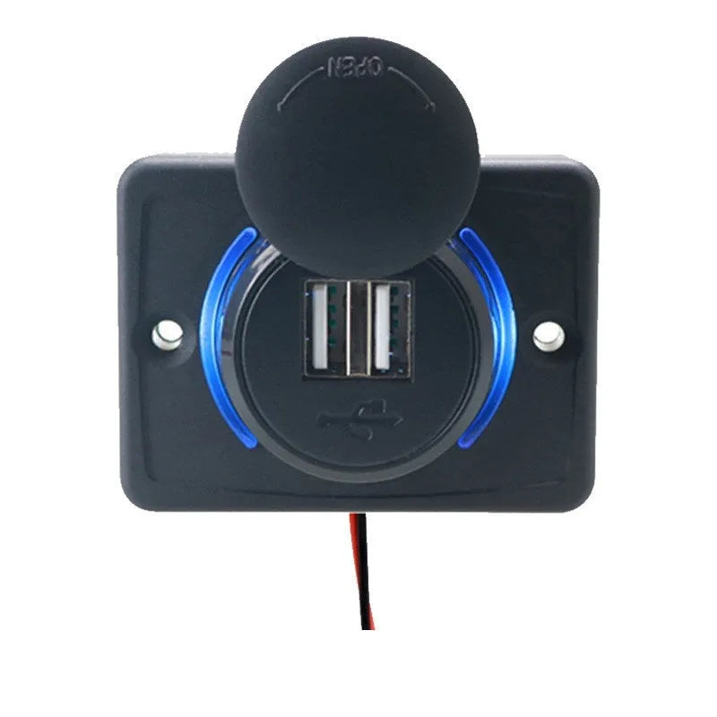 Black 12V to 5V USB car charger with two mounting screws for vehicle installation.