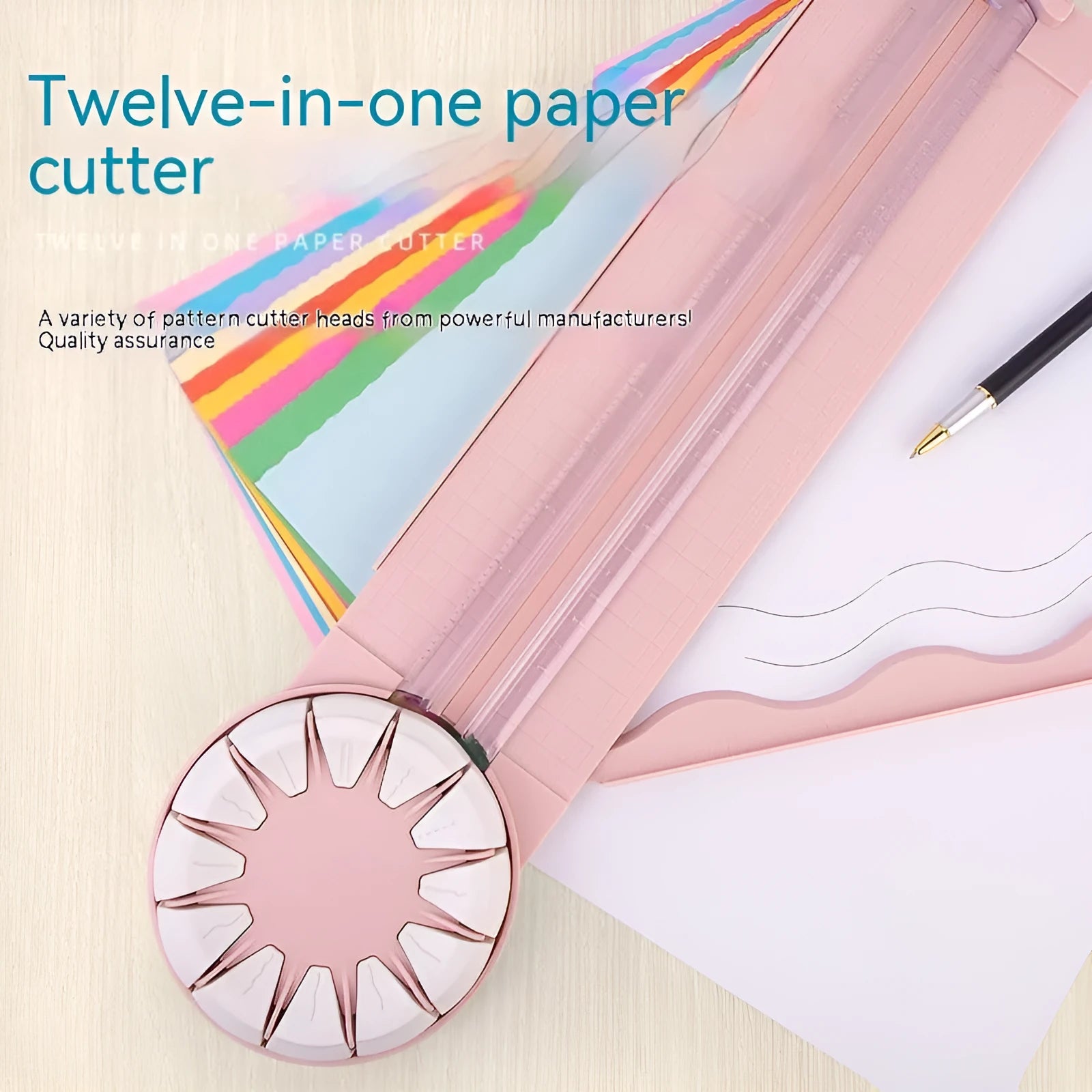 12-in-1 plastic paper cutting machine with dotted board in pink or black, measuring 46.2 cm long