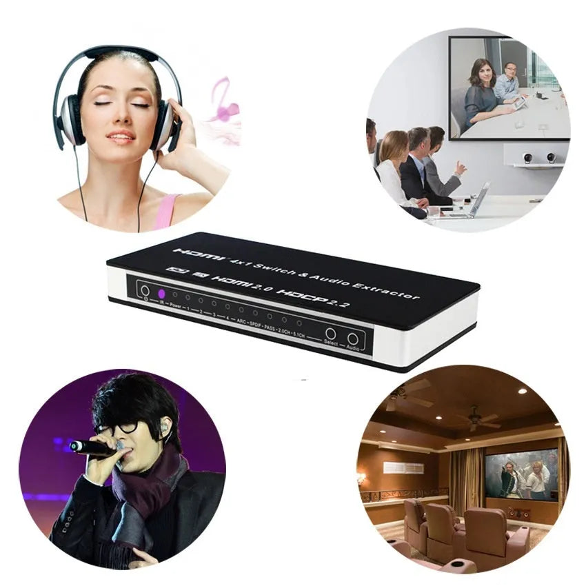 Black HDMI audio switch with 4 input ports and 1 output port, remote control and power adapter