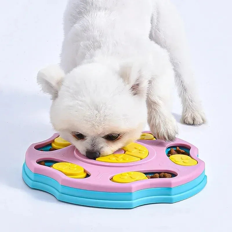 Blue and pink dog puzzle toy showing food bowl and interactive searching game design for aggressive chewers.