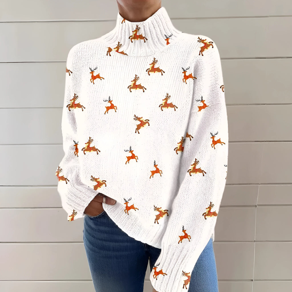 Women's Christmas printed turtleneck sweater with painting pattern on thick knit polyester fabric