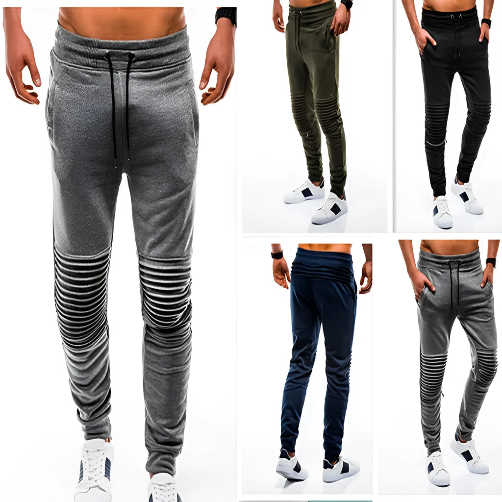 Men's cotton blend folding casual trousers, straight leg, mid waist, ribbed hem, grey black navy army green