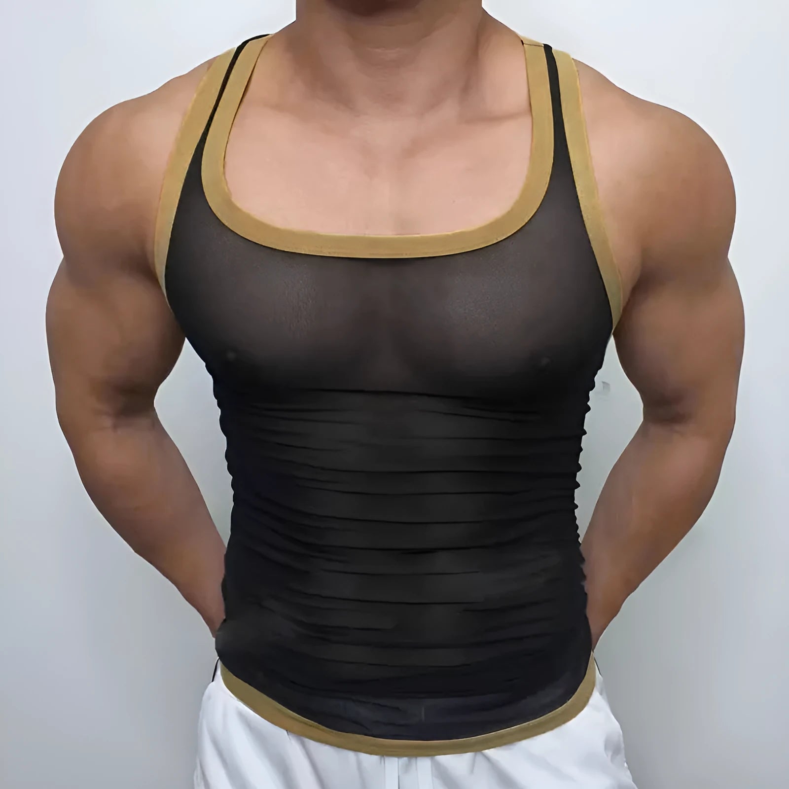 Men's black polyester mesh fitness vest with sleeveless design and straight hem laid flat.