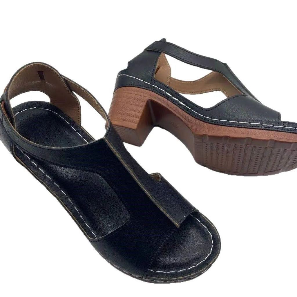Plus size women's wedge sandals with peep toe open design and Roman style buckle in multiple colour options