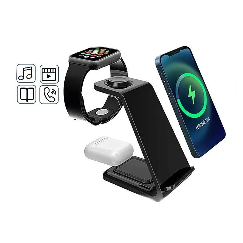 White upright wireless charging stand holding a mobile phone, with a Type-C cable connected.
