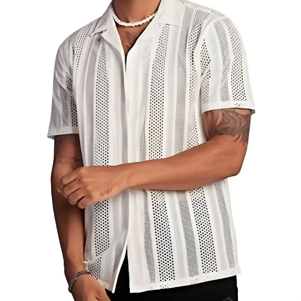 Men's short-sleeved knitted button shirt in black or white with jacquard texture and regular fit