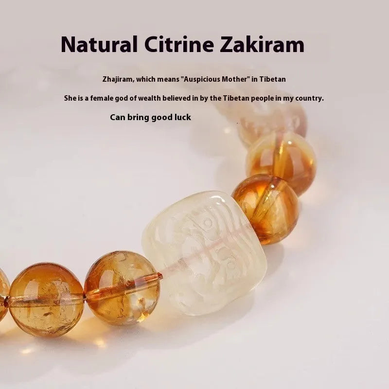 Women's ethnic carved citrine bracelet with 10mm geometric crystal beads