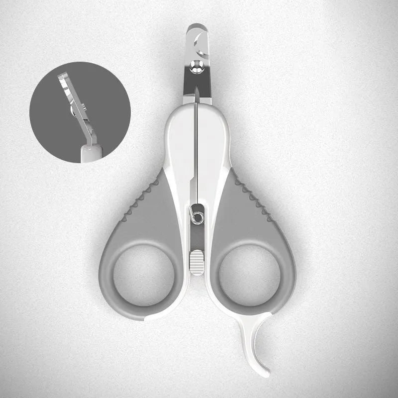 Grey and pink cat nail clippers with angled blade and safety guard for small pets.