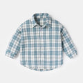 Boy's cotton lattice long sleeve shirt in khaki, light blue, pink, or yellow with animal/cartoon pattern