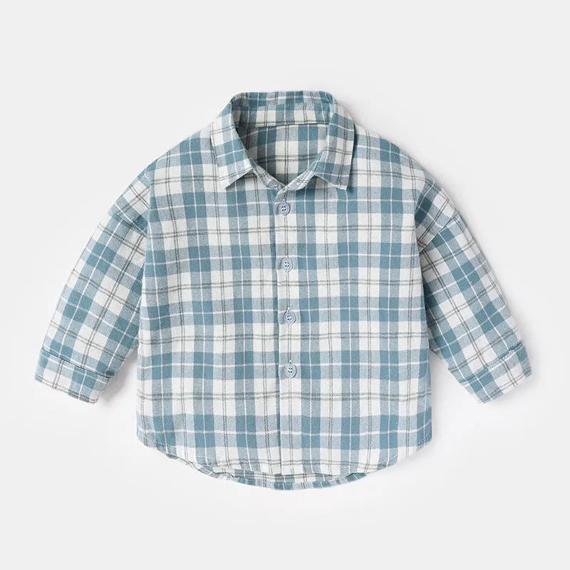 Boy's cotton lattice long sleeve shirt in khaki, light blue, pink, or yellow with animal/cartoon pattern