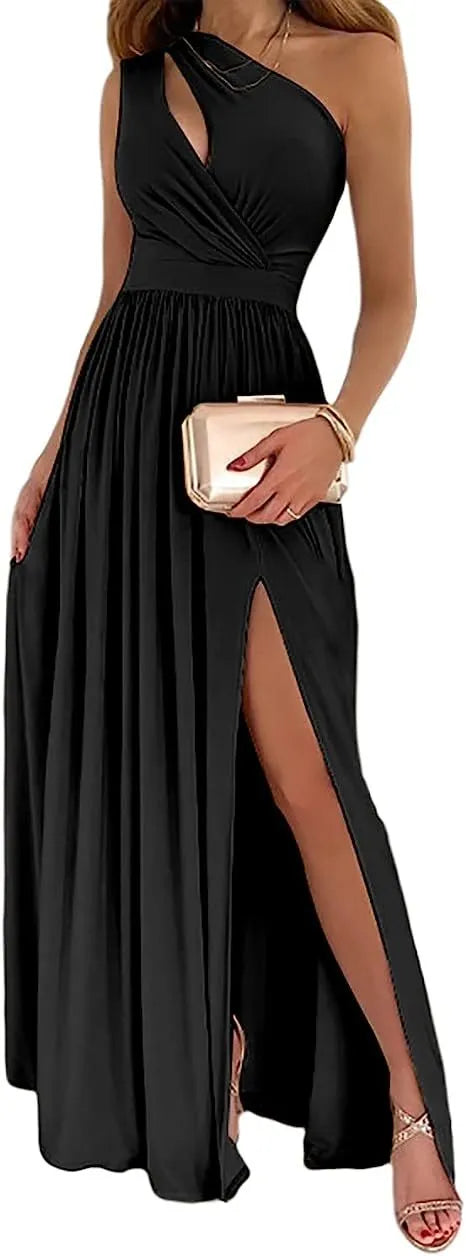 Women's apricot one shoulder maxi dress with cutout and high side split