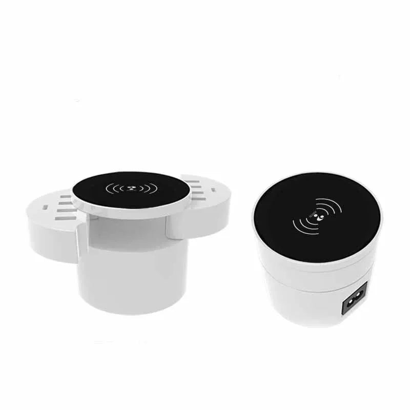 Ceramic white circular multi-port wireless charger with international plug adapters