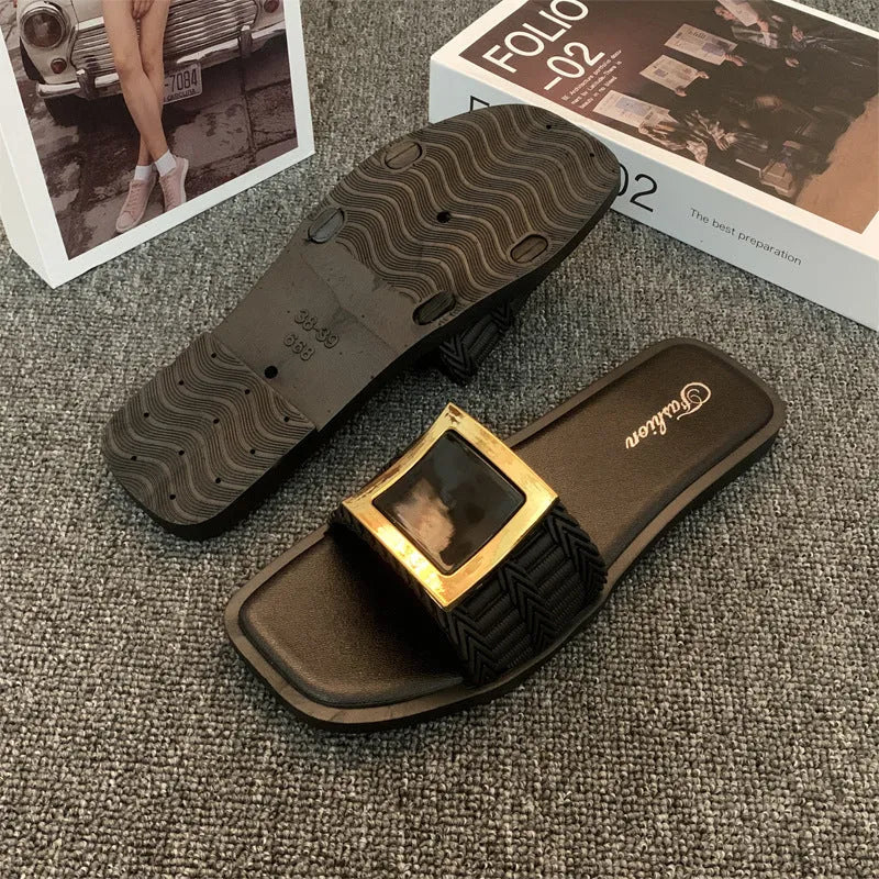 Women's flat summer slippers in apricot, black, or khaki with a lightweight PVC sole