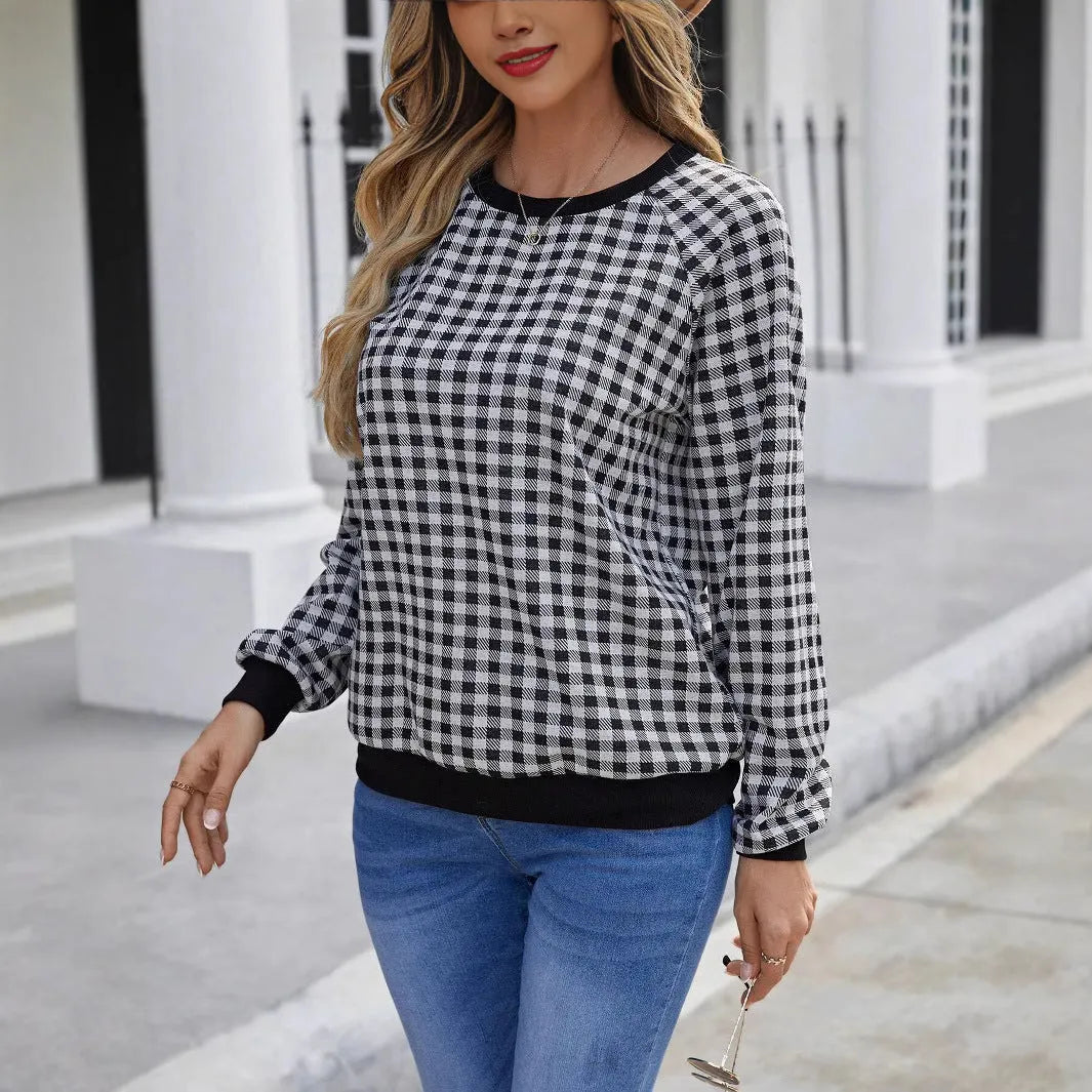 Black Japanese plaid and stripe print pullover sweater with long sleeves