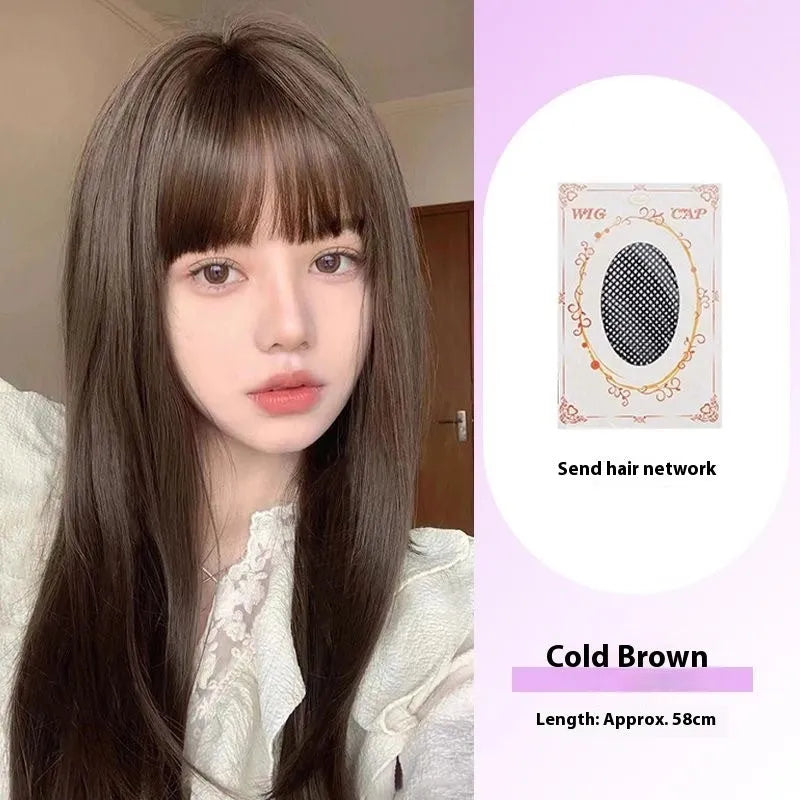 A long straight black synthetic wig with bangs, shown in brown black and cold brown colour options.