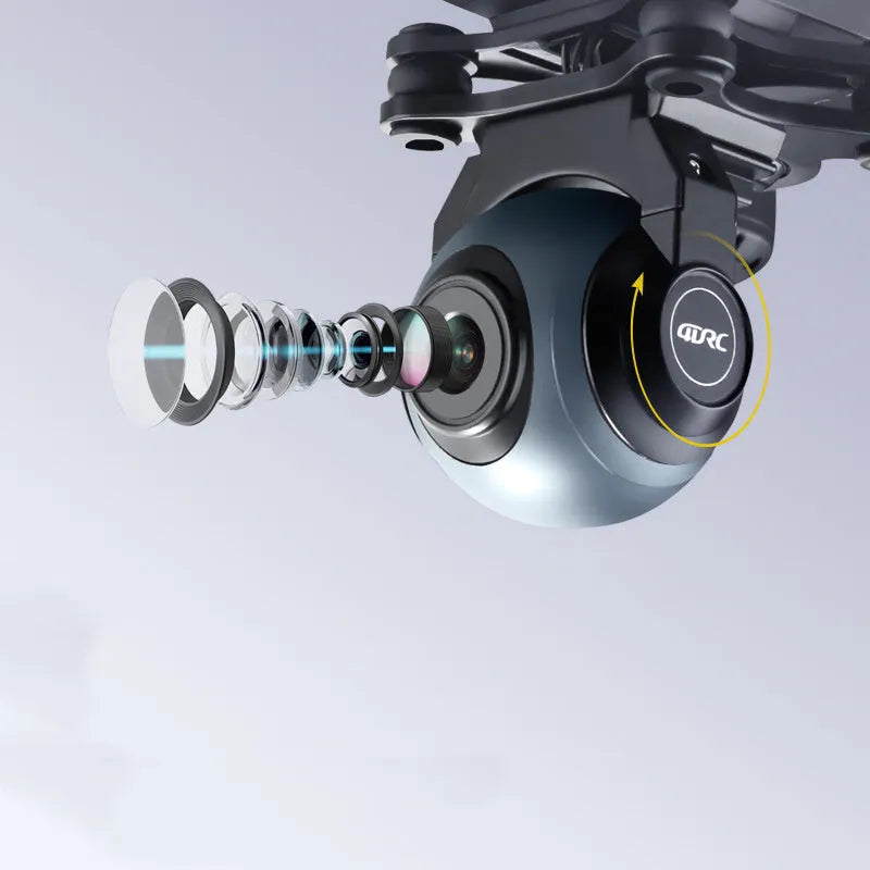 F5 smart ESC quadrocopter drone with dual cameras, remote controller, spare blades, and landing gear on a table.