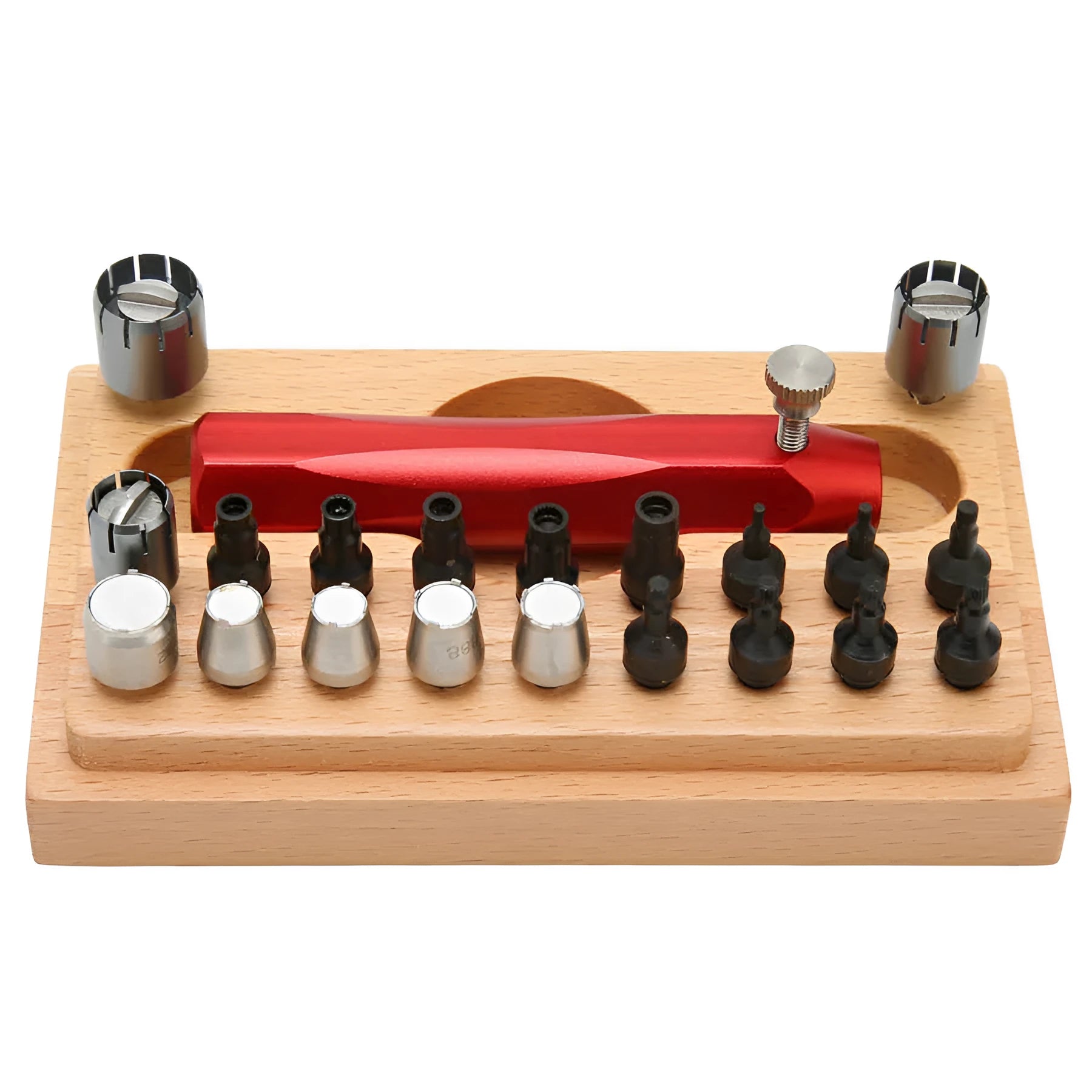 Set of 20 steel watch repair extracting tubes for opening watch cases on a repair mat.