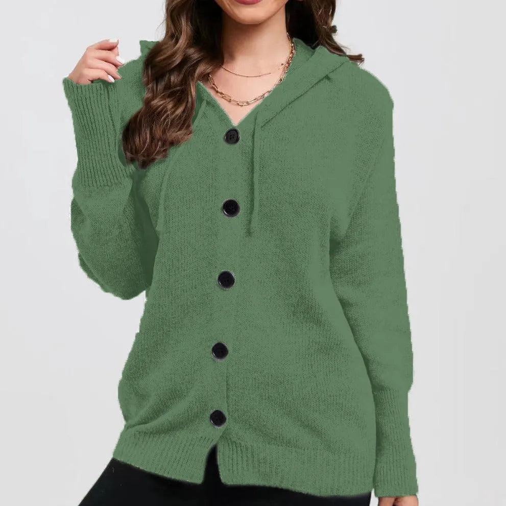 Women's solid colour hooded cardigan sweater in a loose fit, shown in one of six available colours.